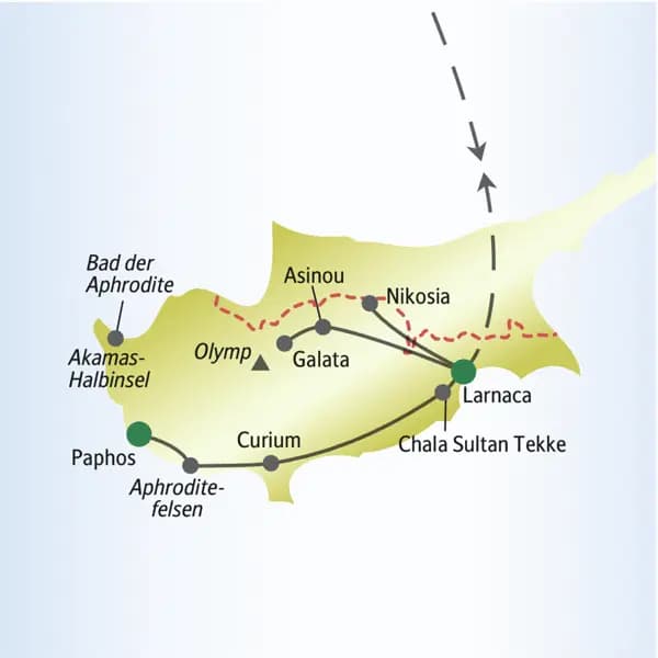 Die Hotelstandorte Ihrer me&more-Singlereise nach Zypern sind Larnaca und Paphos. Mehrere Ausflüge führen u. a. nach Nikosia, ins Troodosgebirge und zum Aphroditefelsen.