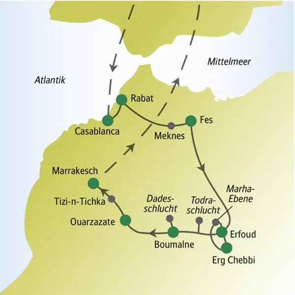 Gemeinsam mit anderen weltoffenen Singles und Alleinreisenden sowie mit der speziell qualifizierten Studiosus-Reiseleitung führt diese Rundreise zu den schönsten Orten Marokkos, wie z.B. in die Königsstädte Rabat, Meknes, Fes und Marrakesch, zur Straße der Kasbahs und zu den Sanddünen der Sahara.