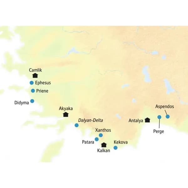 Auf dieser Rundreise in kleiner Gruppe durch die Westtürkei sind unsere Stationen Camlik, Antalya, Akyaka und Kalkan.