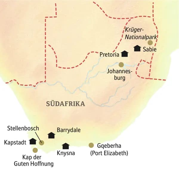 Stationen unserer Rundreise in kleiner Gruppe durch Südafrika sind
 Sabie, Pretoria, Knysna, Barrydale und Constantia bei Kapstadt.