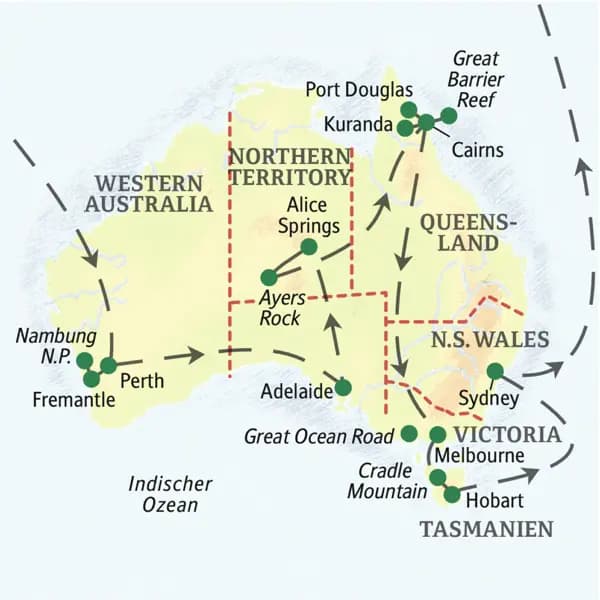 Die Karte zeigt den Verlauf unserer großen Australienreise: Perth, Fremantle, Mambung NP, Adelaide, Alice Spreings, Ayers Rock, Cairns, Port Douglas, Kuranda, Melbourne, Hobart, Cradle Mountain, Sydney