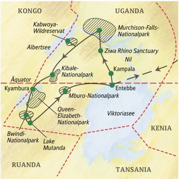 Stationen unserer Studiosus-Reise durch Uganda: Entebbe, Kampala, Hoima, Fort Portal, Katunguru, Lake Mulehe und Mbarara.