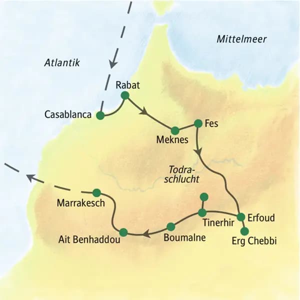 In zehn Tagen mit Studiosus-Reiseleitung die Höhepunkte Marokkos erleben: alle vier Königsstädte - Rabat, Meknes, Fes und Marrakesch -, die Sanddünen der Sahara und die Straße der Kasbahs. Eine Studienreise, die sich ideal als Einstieg in die Faszination des Orients eignet.