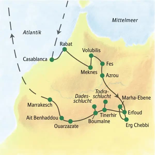 Auf dieser Studienreise durch Marokko erleben Sie nicht nur die Königsstädte und die Straße der Kasbahs. In Volubilis wird auch die römische Vergangenheit des Landes lebendig. Und als ganz besonderer Höhepunkt erwartet Sie eine Nacht in einem Hotel direkt an den Sanddünen der Sahara am Erg Chebbi.