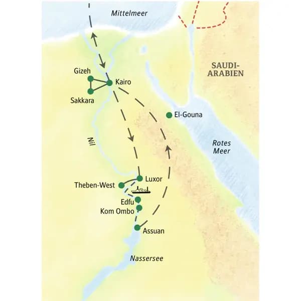 Bei der Reise Ägypten - Höhepunkte mit Nilkreuzfahrt kommen Sie nach Kairo, Gizeh, Sakkara, Luxor, Theben-West, Edfu, Kom Ombo und Assuan.