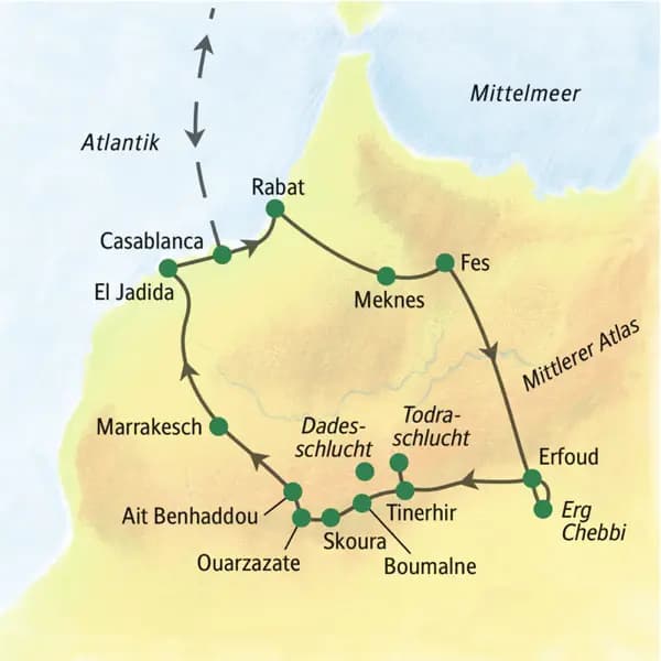 "Marokko mit Muße": In 15 Tagen erkunden wir in gemächlichem Tempo die schönsten Seiten des nordafrikanischen Königreichs. Immer dabei: Die speziell qualifizierte Studiosus-Reiseleitung. Einige Termine mit ärztlicher Begleitung.