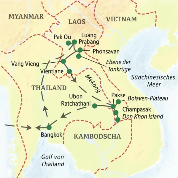 Laos auf einer 16-tägigen Studienreise von Nord nach Süd erleben: Gehen Sie an Bord unseres Mekongschiffes nach Luang Prabang und genießen Sie in Südlaos Ihre Lodge am Mekong!