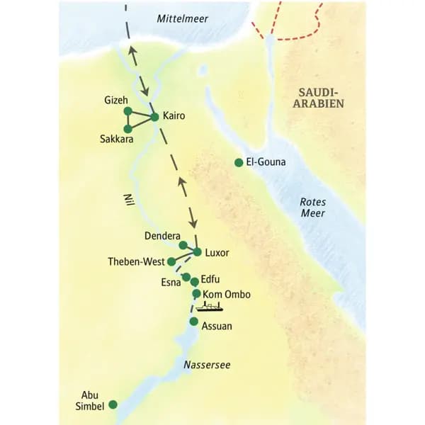 Mit dem Flugzeug erreichen sie Kairo. Von dort aus werden Gizeh und Sakkara besucht. Dann Flug nach Luxor. Von dort aus Besuch von Theben West. Mit dem Schiff geht es auf dem Nil nach Dendera, Esna, Edfu, Kom Ombo und Assuan und wieder zurück nach Luxor. Rückflug von Luxor nach Kairo und von dort in die Heimat.