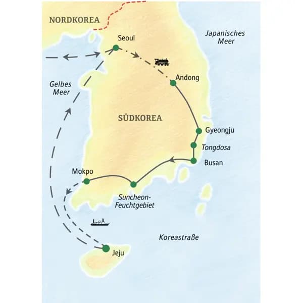 Unsere Reiseroute durch Südkorea startet in Seoul und führt über Andong, Busan, das Suncheon-Feuchtgebiet zurück nach Seoul. Auch die Insel Jeju erleben Sie auf dieser Studienreise.