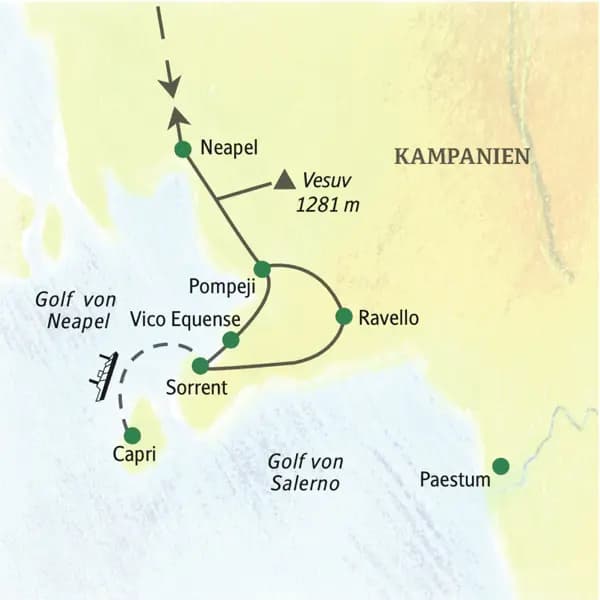 Die Stationen der Studienreise zum Golf von Neapel: Neapel, Pompeji, Vico Equense, Sorrent, Ravello und Paestum.