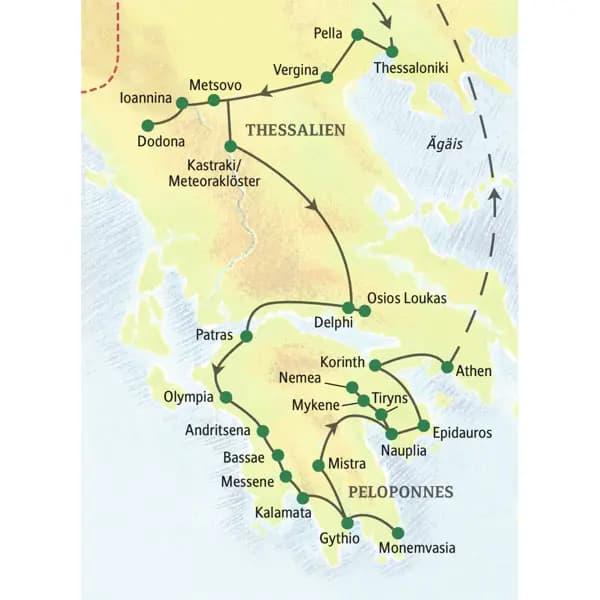 Die Reiseroute unserer Studienreise führt von Thessaloniki u.a. über Dodona, die Meteoraklöster, Delphi, Olympia, Nauplia bis nach Athen.