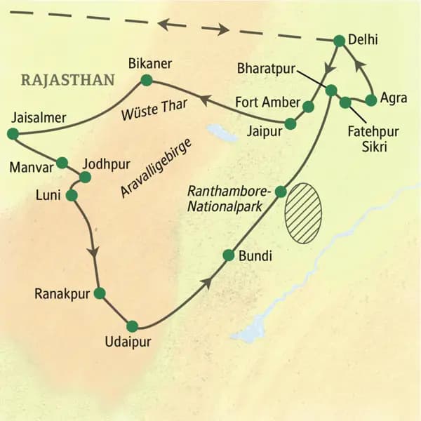 Die Karte zeigt den Verlauf der Studienreise Rajasthan - mit Flair: Delhi, Jaipur, Bikaner, Jaisalmer, Manvar, Jodhpur, Luni, Ranakpur, Udaipur, Bundi, Ranthambore-Nationalpark, Fatehpur Sikri, Agra.