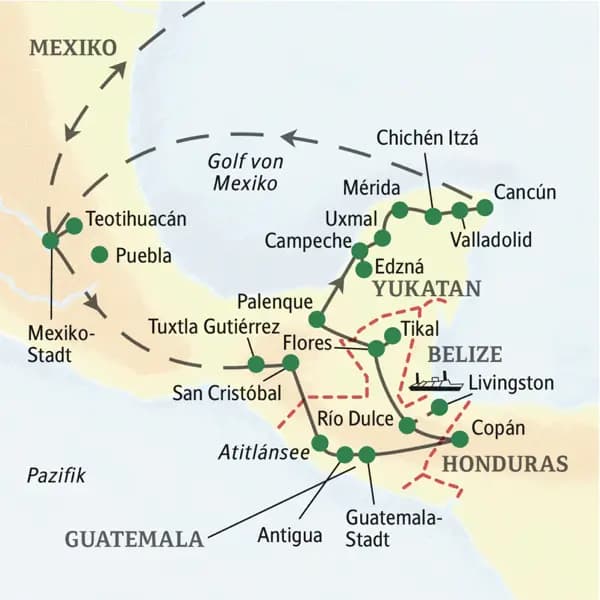 Unsere Reiseroute durch Mexiko und Guatemala startet in Mexiko-Stadt, führt über San Cristóbal nach Guatemala mit dem Atitlánsee, Antigua sowie Tikal und wieder zurück nach Mexiko über die Halbinsel Yukatan bis nach Cancún. Ein Abstecher nach Copán in Honduras ist auch dabei.