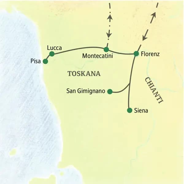 Diese achttägige Studienreise in die Toskana mit sieben Nächten in Montecatini Terme zeigt Ihnen die Höhepunkte der Region: Florenz, Siena, Lucca, Pisa, San Gimignano und Chianti.