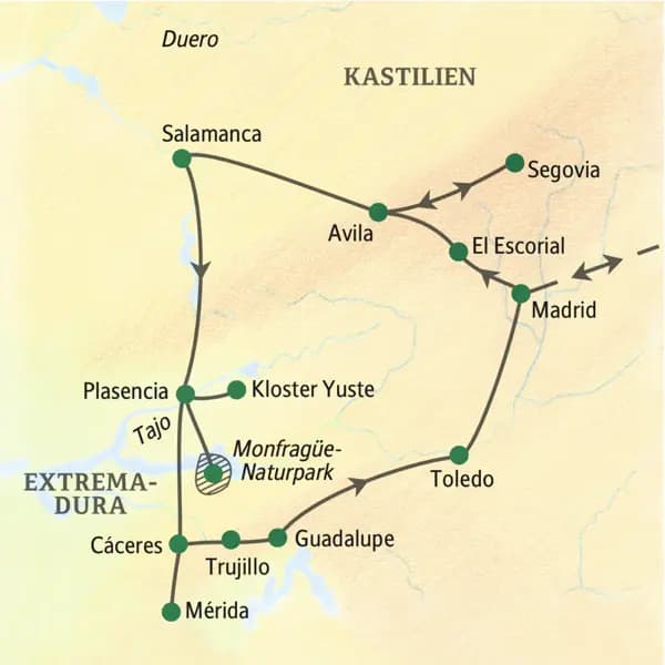 Unsere Reiseroute durch Kastilien und die Extremadura startet in Madrid und führt über Avila, Segovia, Salamanca, Plasencia, Cáceres, Guadalupe und Toledo zurück in die Hauptstadt.