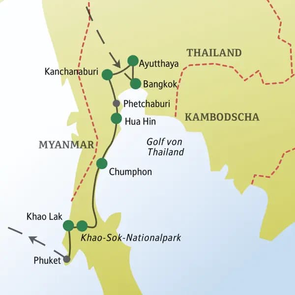 Auf der 14-tägigen Studiosus Singlereise nach Thailand entdecken Sie neben der Hauptstadt Bangkok viele weitere tolle Orte wie Ayutthaya, Kanchanaburi, das Seebad Hua Hin, die Khao-Luang-Höhlen, den Khao-Sok-Nationalpark und den Badeort Khao Lak.