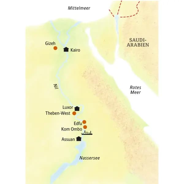 Die Hotelstandorte auf unserer smart & small-Reise durch Ägypten sind Kairo und Luxor. Dazu eine Kreuzfahrt zwischen Luxor und Assuan.