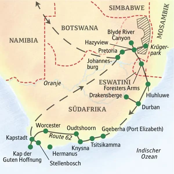 Diese ausführliche, dreiwöchige Studienreise bringt Ihnen Südafrika in all seinen Facetten nahe. Ob Swasiland (nun Eswatini), Zululand, die Drakensberge oder der Krüger-Nationalpark: Die Vielfalt der Menschen, Landschaften und Tierwelten wird Sie begeistern!