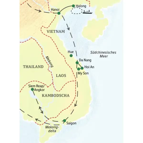 Wichtigste Stationen dieser Studienreise durch Vietnam und Kambodscha: Hanoi, Halongbucht, Hue, Hoi An, Saigon und Angkor Wat.