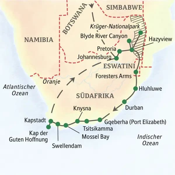 Unsere Reiseroute durch Südafrika startet in Johannesburg und führt über den Krüger-Nationalpark, Pretoria, Hazyview, Durban, Knysna und Mossel Bay bis nach Kapstadt.