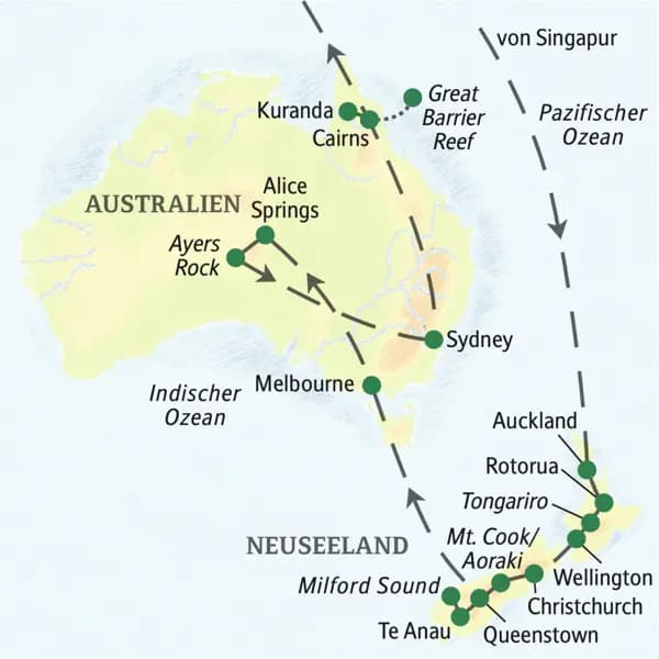 Die Karte zeigt den Verlauf unserer Studienreise Australien-Neuseeland - zum Kennenlernen: Auckland, Rotorua, Tongariro, Wellington, Christchurch, Tekapo, Queenstown, Te Anau, Milford Sound, Melbourne, Alice Springs, Ayers Rock (Uluru), Sydney, Cairns, Kuranda.