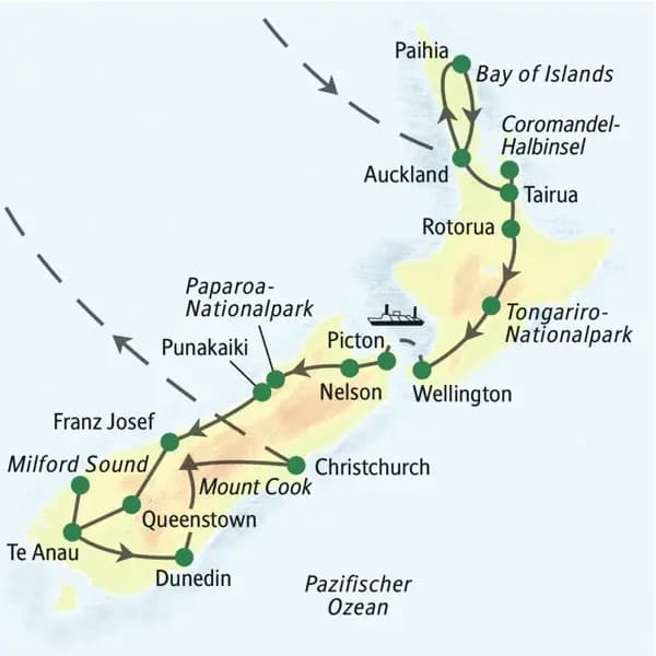 Unsere Reiseroute durch Neuseeland startet in Auckland und führt über Paihia, Rotorua, Tongarino, Wellington und Nelson bis nach Christchurch. Wir erleben auf unserer Studienreise den Tongariro-Nationalpark und die Coromandel-Halbinsel.