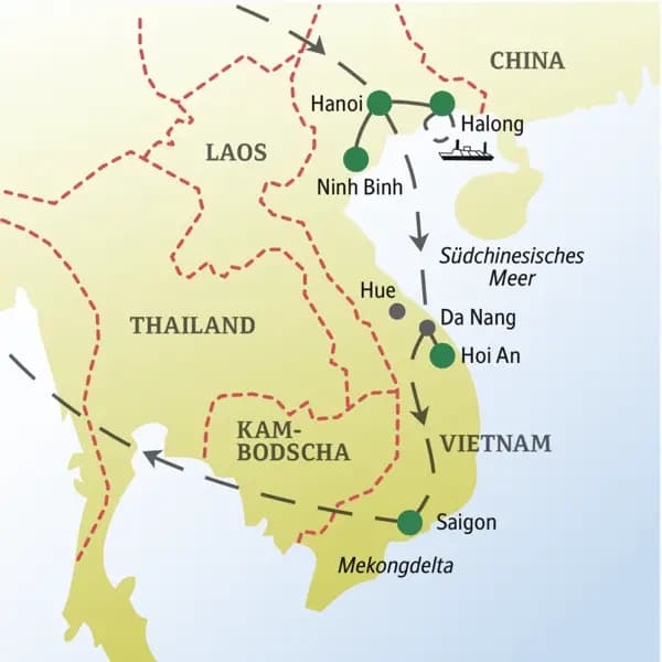 Unsere Reiseroute durch Vietnam startet in Hanoi und führt über Ninh Binh, die Halongbucht und Hoi An bis nach Saigon. Auf unserer Studienreise für Singles und Alleinreisende unternehmen wir auch eine Bootsfahrt auf dem Fluss Thu Bon und einen Ausflug ins Mekongdelta.