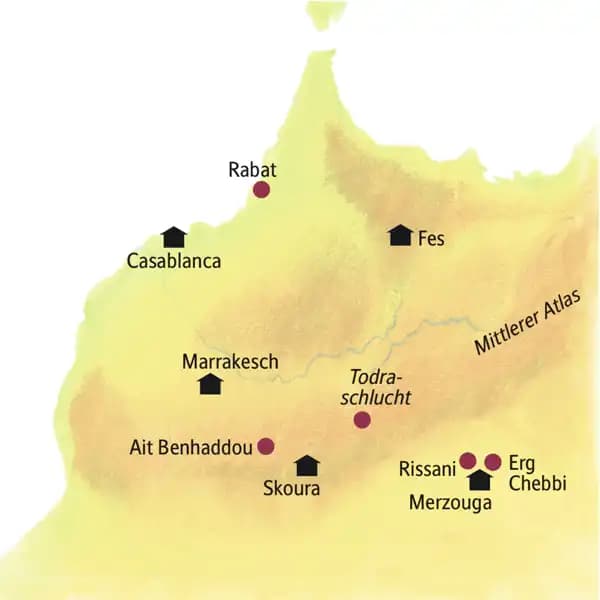 Auf unserer smart&small-Reise durch Marokko übernachten wir in einem Boutique-Hotel in Casablanca, in schönen Riads in Fes und Marrakesch, in einem traditionellen Hotel am Rande der Sanddünen von Merzouga sowie in einer traditionellen Lehm-Kasbah in der Oase Skoura.