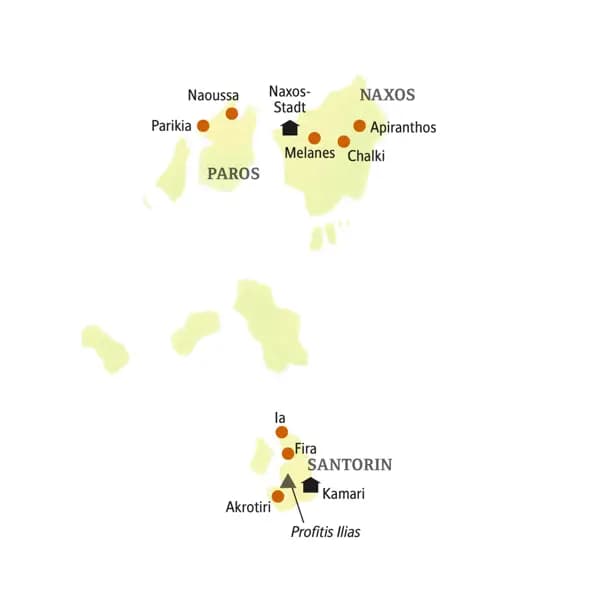 Auf dieser smart&small-Reise auf die beiden Kykladeninseln Santorin und Naxos sehen Sie z. B. Parikia, Naoussa, Melanes, Chalki, Akrotiri und Fira.