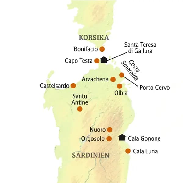 Unsere Rundreise auf Sardinien führt nach Arzachena, Castelsardo, Santa Teresa di Gallura, Nuoro, Orgosolo und Cala Gonone.