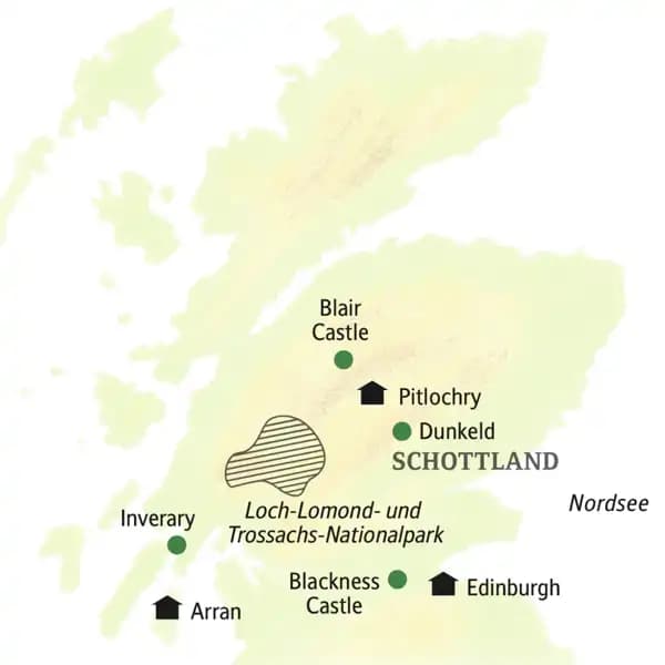 Die Karte zeigt die Hotelstandorte und Highlights unserer Schottlandreise in kleiner Gruppe: Edinburgh, Dunkeld, Pitlochry, Blair Castle, Arran, Blackness Castle