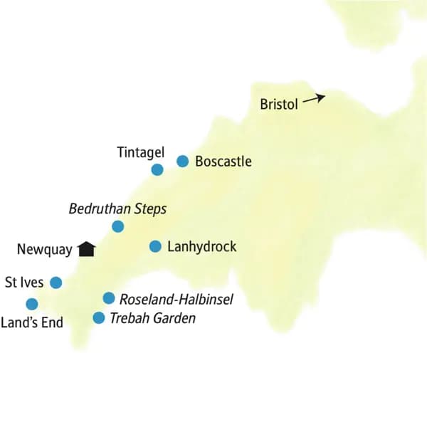 Die Karte zeigt den Hotelstandort und die Highlights unserer Cornwall-Reise in kleiner Gruppe: Boscastle, Bedruthan Steps, Newquay, St Ives, Land's End, Trebah Garden, Lanhydrock u.a.