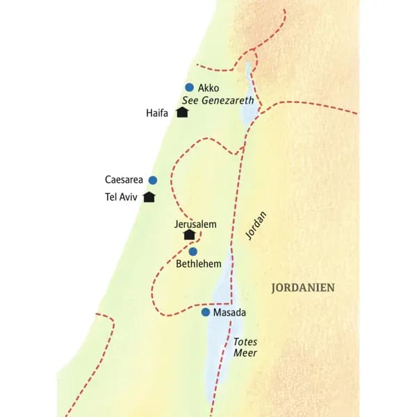 Auf unserer Reiseroute durch Israel erleben Sie Vergangenheit und Gegenwart Israels am Mittelmeer, am See Genezareth - an heiligen und weniger heiligen Orten.