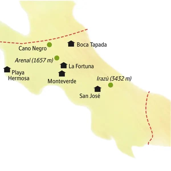 Unsere Reiseroute durch Costa Rica startet in San José und führt über Boca Tapada, La Fortuna und Monteverde an den Pazifik an die Playa Hermosa.