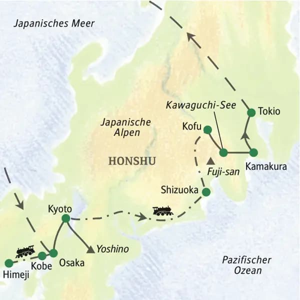 Unsere Reiseroute durch Japan startet in Osaka, führt nach Kobe und Kyoto sowie über Kamakura nach Tokio. Auch machen wir einen Tagesausflug mit dem Shinkansen nach Himeji.