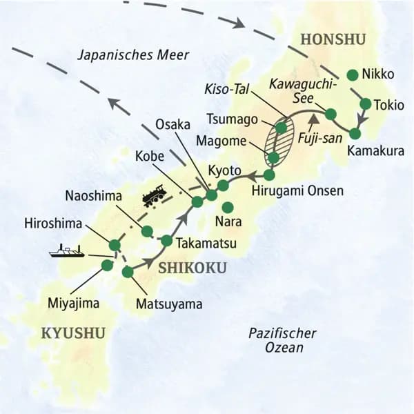 Diese attraktive Studienreise durch Japan führt nach Tokio, in die Japanischen Alpen, die Kaiserstadt Kyoto, nach Hiroshima, auf die Kunstinsel Naoshima und schließlich über Shikoku bis nach Kobe.