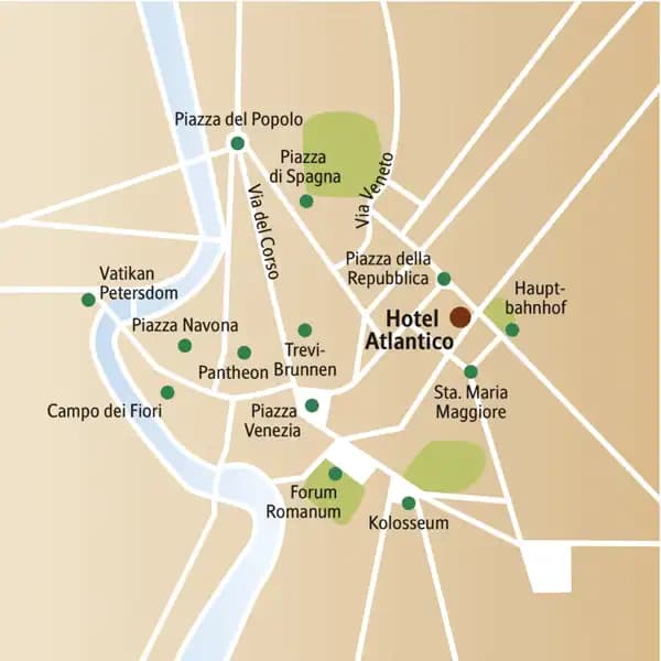 Der Stadtplan von Rom zeigt die wichtigsten Sehenswürdigkeiten, die wir auch auf der 6-tägigen Städtereise besuchen, sowie die zentrale Lage des Hotels Atlantico.