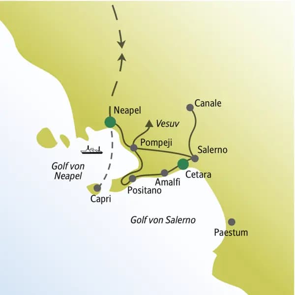 Unsere Singlereise an den Golf von Neapel führt uns zu den wichtigsten Stationen wie Neapel, Pompeji, Cetara, Salerno, Capri und Positano.