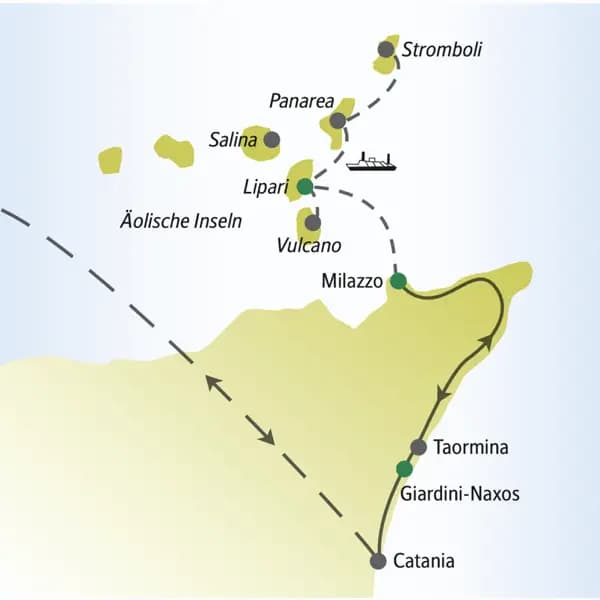 Ausgangspunkt unserer Singlereise in der Gruppe ist Catania. Von Milazzo aus setzen wir auf die Inseln Lipari, Vulcano, Panarea und Stromboli über. Auf Wunsch können Sie auch die Insel Salina besuchen.