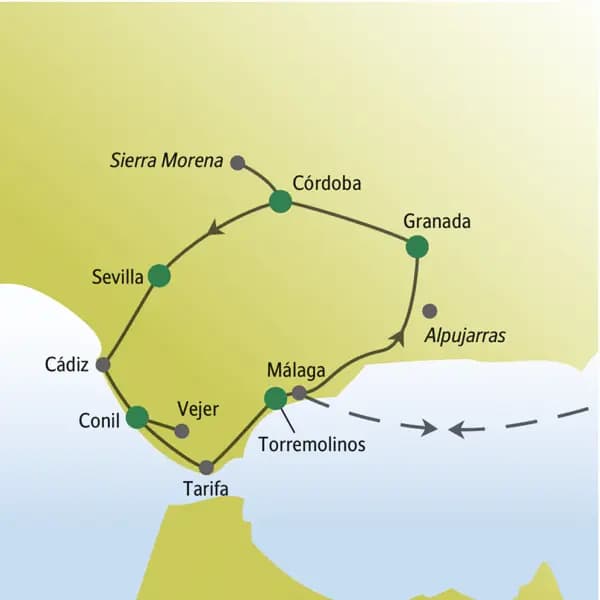 Die Stationen unserer Andalusienreise für Singles und Alleinreisende sind u.a. Torremolinos, Málaga, Granada, Córdoba, Sevilla, Cádiz und Conil.