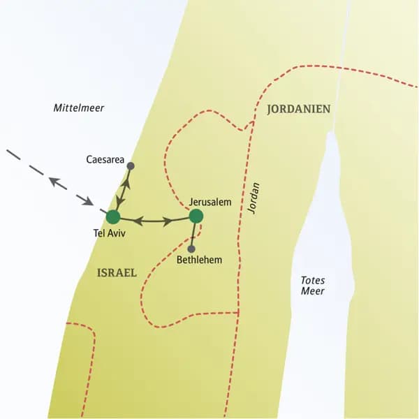 Unsere Reiseroute über Silvester für Singles und Alleinreisende führt uns nach Tel Aviv, Jerusalem, Caesarea und Bethlehem.