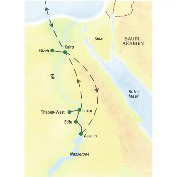 Die family-Reise von Studiosus nach Ägypten umfasst Aufenthalte in  Kairo, Gizeh, Assuan, Edfu, Luxor und Theben West.