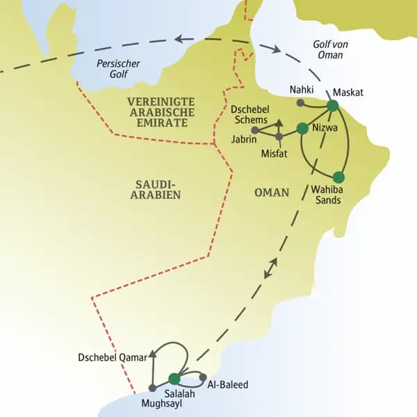 Bei unserer me & more-Reise für Singles und Alleinreisende in den Oman präsentieren wir ihnen neben der Hauptstadt Maskat und der Oasenstadt Nizwa auch die Wüste Wahiba Sands. Die Reise endet in Salalah, im Weihrauchland Dhofar.