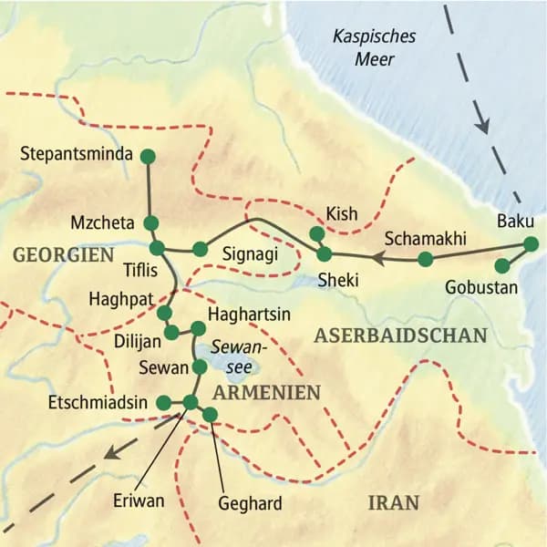 Unsere 14-tägige Studienreise durch den Südkaukasus umfasst die Höhepunkte Aserbaidschans, Georgiens und Armeniens mit einzigartigen Naturerlebnissen zwischen Schneebergen und Wüste.