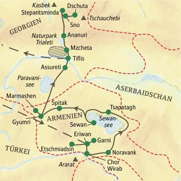 Unsere Reiseroute durch Armenien und Georgien startet in Eriwan und führt über Tsapatagh und Gyumri bis nach Tiflis. Auch Sewansee und Stepantsminda erleben wir auf unserer 14-tägigen Wander-Studienreise.