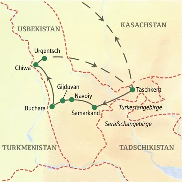 Verlauf der elftägigen Studienreise Usbekistan - Höhepunkte: Taschkent, Samarkand, Buchara, Chiwa, Taschkent.