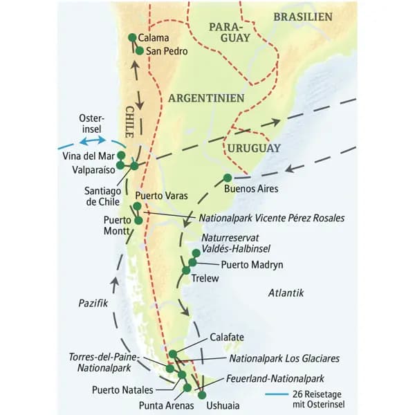 Die Route unserer Naturerlebnis-Studienreise durch Argentinien und Chile startet in Buenos Aires und führt über Puerto Madryn, Ushuaia, Calafate, Puerto Natales, Punta Arenas, Puerto Varas und San Pedro de Atacama bis nach Santiago de Chile und - wenn Sie die Verlängerung buchen - als zusätzlichen Höhepunkt auf die Osterinsel!