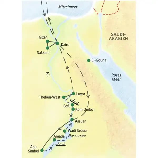 Auf Ihrer 11-tägigen Kreuzfahrt-Studienreise Ägypten - Nassersee, Luxor und Kairo kommen Sie unter anderem nach Luxor, Kom Ombo, Assuan, Abu Simbel, Kairo, Gizeh und Sakkara.