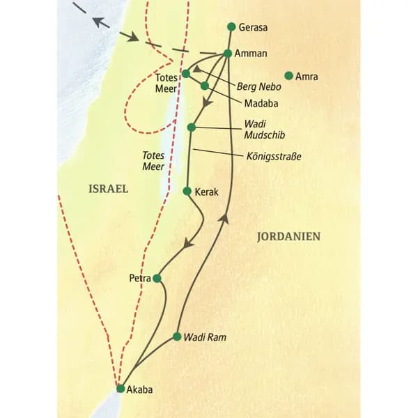 Unsere Reiseroute durch Jordanien führt von Amman über Kerak, Petra und Akaba zurück nach Amman.