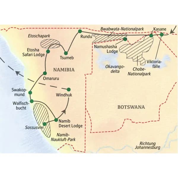 Die Studienreise durch Namibia führt von den Viktoriafällen über den Chobe-Nationalpark, Tsumeb, Swkopmund und das Sossusvlei, den Caprivistreifen bis nach Windhuk.